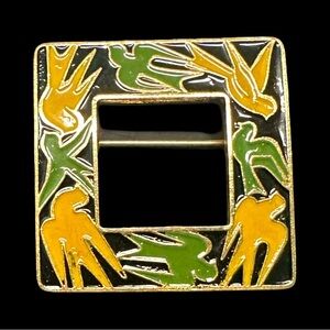 Vintage Enamel Dove Brooch Square Gold & Black Design 1" x 1"